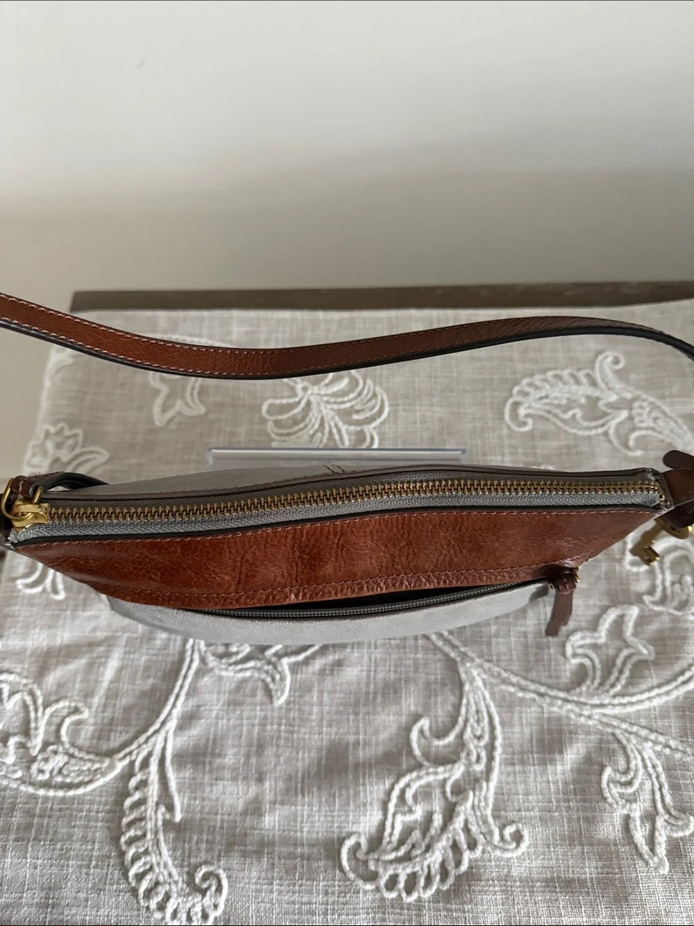 Fossil Two-Tone Fiona Leather Crossbody Bag in Brown and Light Gray